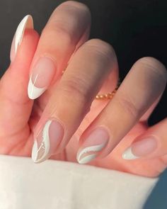 White French tip with white swirl  Press-on fake nails available on Amazon Canada #AmazonAffiliate Acrylic Nails Natural, Fake Nails With Glue, Stick On Nails, Nail Arts, French Manicure