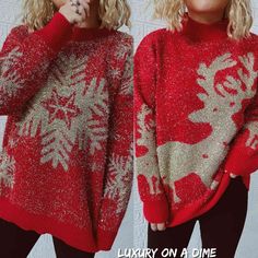 Winter Glitter Long Sleeve Tops, Glitter Long Sleeve Winter Tops, Glitter Long Sleeve Tops For Winter, Long Sleeve Glitter Top For Winter, Long Sleeve Glitter Tops For Winter, Red Christmas Party Sweater, Red Holiday Party Sweater, Fashion Sweaters, Winter Sweater