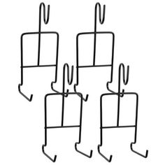 four metal hooks hanging from the side of a white wall, each holding five different sized hooks