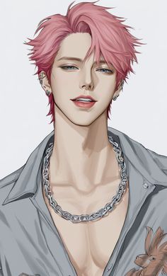 a man with pink hair wearing a shirt and chain around his neck is looking at the camera