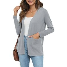 Upgrade your look with the UVplove Women's Long Sleeve Open Front Knit Cardigan. Made from 100% viscose, this sweater is light and breathableperfect for any season. Its open-front style makes it easy to pair with different outfits. With handy pockets, it adds both style and function to your wardrobe. Color: Gray.  Gender: female.  Age Group: adult. Affordable Gray Cardigan With Pockets, Gray Fitted Cardigan With Pockets, Affordable Gray Open Front Cardigan, Cheap Stretch V-neck Cardigan, Runners Outfit, Soft Knit Cardigan, Cheap Stretch Cardigan With 3/4 Sleeves, Grey Outfit, Lightweight Cardigan