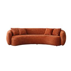 an orange couch with three pillows on the back and one arm folded out to show it's curved shape