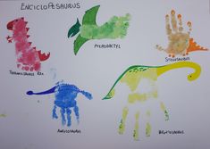 four handprints of different dinosaurs on a white board with the words encicle - saus written below them