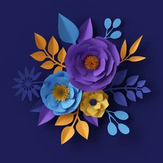 paper flowers on a blue background with yellow and purple leaves in the center, as well as an orange flower