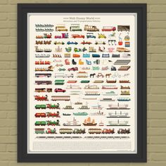 a framed poster on a brick wall shows different types of trains and cars in various colors