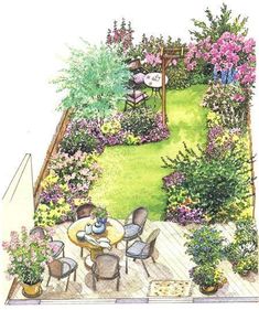 the garden is full of flowers and plants, with a small table in the middle