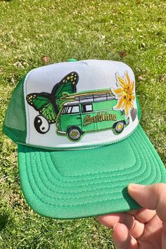 ONE OF A KIND Sublime Inspired Trucker Hat – Wild Bohemian Affordable Multicolor Trendy Trucker Hat, Adjustable Trucker Hat With Patches For Outdoor, Outdoor Adjustable Trucker Hat With Patches, Retro Green Trucker Hat, Green Snapback Hat For Spring, Adjustable Summer Baseball Cap With Patches, Spring Green Trucker Hat For Outdoor, Adjustable Baseball Cap With Patches For Summer, Green Trucker Hat For Spring Outdoor