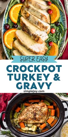 crockpot turkey and gravy with oranges on the side