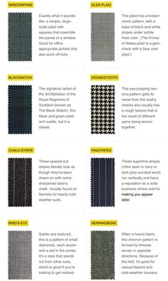 the different types of fabrics that are available in various colors and sizes, including black, white