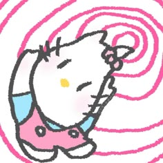 a drawing of a hello kitty with pink and blue swirls in the background,