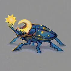 a blue and yellow crab with stars on it's back holding a crescent moon