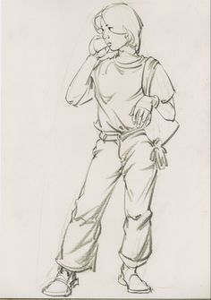 a drawing of a person talking on a cell phone while standing in front of a white background