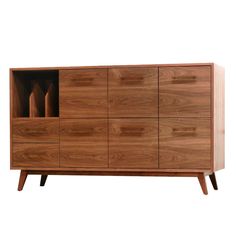 the sideboard is made out of wood and has many compartments for bottles on it