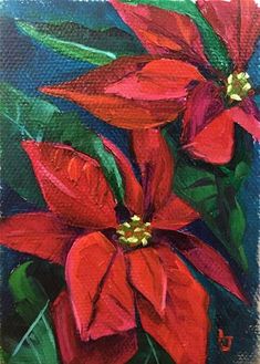 a painting of red poinsettia flowers on a blue and green background with leaves