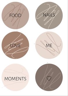 four different types of nail polish with the words love, me and food on them