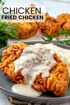 fried chicken with gravy and ranch dressing on a plate