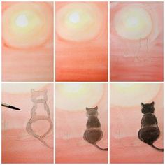 four different pictures of cats sitting in front of the sun and one cat standing on its hind legs