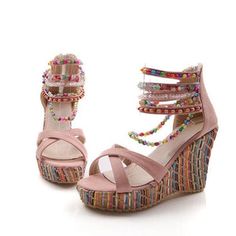 Bohemian Platform Wedge Sandals For Spring, Bohemian Spring Platform Wedge Sandals, Spring Bohemian Platform Wedge Sandals, Beaded Open Toe Synthetic Sandals, Embellished High Heel Sandals For Beach, Beaded Synthetic Open Toe Sandals, Bohemian Wedge Sandals With Ankle Strap For Spring, Bohemian Ankle Strap Wedge Sandals For Spring, Bohemian Multicolor Open Toe Wedge Sandals