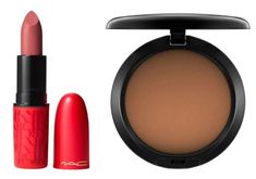 mac cosmetics and lipstick are on display in this image, with one red lipstick next to the other