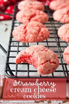 strawberry cream cheese cookies cooling on a wire rack with the words, strawberry cream cheese cookies