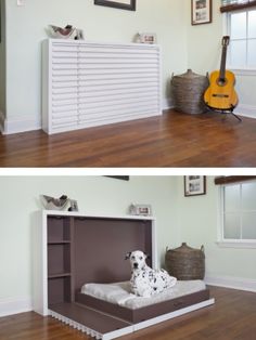 two pictures of a dog bed with a guitar on the wall