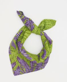 Green cotton bandana with purple flowers and white traditional knatha stitching Green Casual Bandana With Bandana Print, Casual Green Bandana With Bandana Print, Trendy Cotton Bandana For Spring, Green Bohemian Spring Bandana, Spring Green Bohemian Bandana, Spring Floral Print Casual Bandana, Casual Spring Floral Print Bandana, Multicolor Cotton Bandana, Green Cotton Casual Bandana