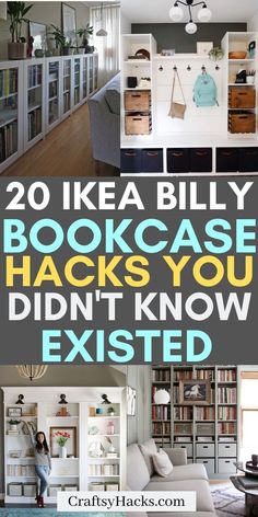 some bookshelves with the words 20 ikea billy bookcase hacks you didn't know existed