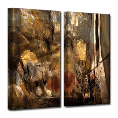 two abstract paintings with brown and yellow colors on canvases, one is in the foreground