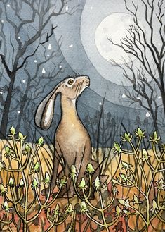 a painting of a rabbit standing in the middle of a field with trees and bushes