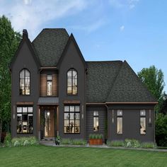 this is an artist's rendering of the front elevation of a house with large windows