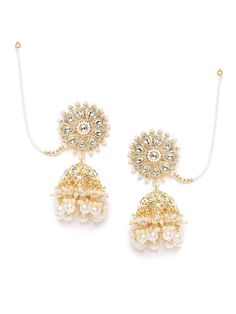 These gorgeous floral & dome shaped jhumki earrings come with kundan stone studs, off-white pearls and 2-layer beaded danglers, are gold-plated, and secured with a post and back closure. (Comes with beaded detachable ear chains) These handcrafted jhumkis can be styled with any traditional outfit, or an evening outfit to complete a dazzling look. Product color may vary based on the monitor or screen you are using.See FAQ for more details. Size Length of earring: 8 cmLength of ear chain: 13 cm Det Pearl Chain Chandbali Temple Earrings, Temple Jewelry Chandbali Earrings With Pearl Chain, Traditional Chandbali Earrings With Pearl Chain, White Pearl Earrings For Reception, Pearl Chain Chandbali Earrings For Celebrations, Chandbali Pearl Chain Earrings For Celebration, Festive Temple Jewelry Pearl Chain Earrings, Traditional Pearl Earrings With Latkans, Bollywood Pearl Chain Earrings For Festive Season