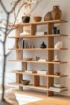 a wooden shelf with vases and books on it