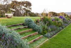 a garden with steps leading up to the grass and flowers on the side of it