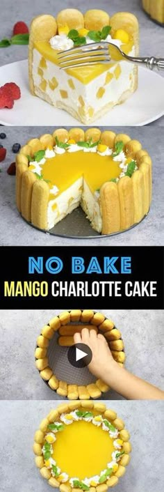 there is no bake mango charlotte cake on the table and it has been cut into pieces