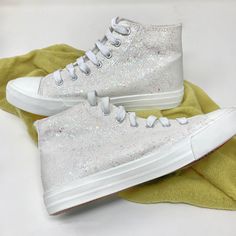 White Crystal Glitter Hi Top Converse - ButterMakesMeHappy Sparkly White Shoes, White High-top Sneakers With Glitter Accents, White Low-top Sneakers With Glitter Print, Party White Sneakers With Glitter Accents, White Glitter Party Sneakers, White Hightops, Hi Top Converse, Bride Converse, Glitter Converse