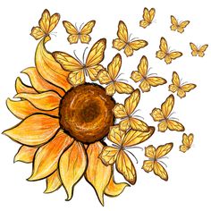 the sunflower is surrounded by many yellow butterflies on it's back end,