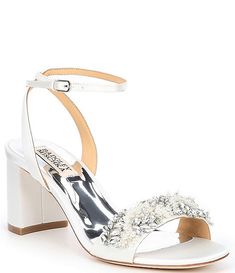 Badgley Mischka Clara Jewel Embellished Satin Dress Sandals | Dillard's Badgley Mischka Bridal Shoes, Diy Wedding Shoes, White Ankle Strap Heels, Badgley Mischka Bridal, Bridal Wedding Shoes, Badgley Mischka Shoes, Bridal Heels, Wedding Dress Shoes, Satin Heels