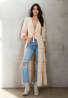 Sammy Retro Boho Embroidered Ruffled Maxi Kimono Robe - RusticThread Boutique Long Kimono Outfit, Therapist Outfit, Small Business Boutique, Business Boutique, Maxi Kimono, Embroidered Kimono, Boho Kimono, Knit Sweater Cardigan, Long Sleeve Cardigan