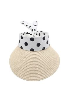 Polka Dot Crown Wide Brim Straw Sun Visor UPF 50+ UV Protection Cap Hat High Polka dot Design Crown makes it comfortable when wearing it. Occasion: Water pool, golfing, boating, running, travel, camping, beach Material: Polyester and Paper Straw Size: One Size Fit Most with Knot strap. Head circumference:21"-25" - Black, Beige, Camel Available Casual Summer Golf Hat, Breathable Hats For Spring Vacation, White Breathable Visor Sun Hat, Breathable White Visor Sun Hat, Breathable Spring Vacation Hat, White Wide Brim Breathable Hat, White Visor For Spring Vacation, Casual Golf Visor For Summer, Casual Summer Golf Visor