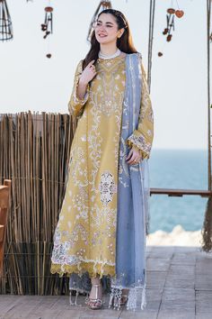 Qalamkar FP-03 Selma Sahil Kinare Luxury Lawn Unstitched Embroidered Patterned Lawn Suit, Patterned Embroidered Lawn Suit, Printed Unstitched Cambric Dupatta, Unstitched Digital Prints For Eid, Patterned Printed Lawn Suit For Eid, Traditional Printed Cambric Lawn Suit, Yellow Lawn Suit With Printed Motifs For Diwali, Eid Patterned Dupatta With Digital Print, Eid Festival Patterned Dupatta With Digital Print