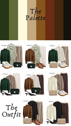 Fall Colour Palette Outfits, Fall 2024 Color Combinations, Brown With Green Outfits, Brown And Dark Green Outfit, Autumn Color Combinations Outfits, Dark Green Matching Colors Outfit, Green Palette Outfit, Winter Colours Outfits