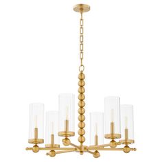 a gold chandelier with clear glass shades