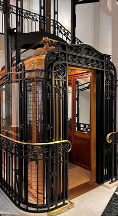 an ornately decorated staircase with wrought iron railings and wooden doors in a building