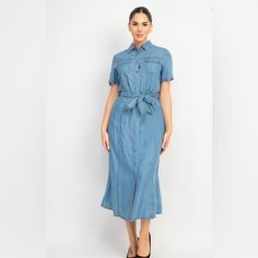 New With Tags Original Packaging A Woven Style Denim Dress Featuring A Collared Neckline, Button Down Closure, Seamed, Short Sleeves, Self-Tie Waist, Chest Pockets, And A Midi Length. Material: 100% Lyocell (Chambray Material) Color: Medium Wash Brand: Haunte Monde Spring Short Sleeve Belted Denim Dress, Spring Denim Shirt Dress With Button Closure, Denim Midi Dress With Short Sleeves For Work, Button-up Denim Midi Dress With Buttons, Summer Short Sleeve Belted Denim Dress, Casual Short Sleeve Belted Denim Dress, Casual Belted Short Sleeve Denim Dress, Casual Short Sleeve Denim Dress With Belt, Fitted Denim Shirt Dress With Buttons