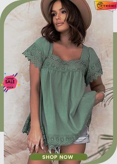 Green Lace Pom Pom Splicing Square Neck Blouse Green Short Sleeve Tops With Splicing, Green Short Sleeve Spliced Tops, Green Spliced Tops For Spring, Summer Blouse With Splicing, Square Neck Blouse, Green Lace, Square Neck, Pom Pom, Top Blouse