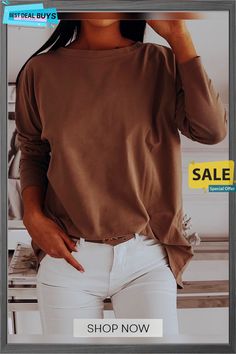 Women 2 Ways Wear Long Sleeve Shirt Brown Relaxed Fit Crew Neck Blouse, Trendy Solid Brown Tops, Plain Brown Tops For Fall, Brown Relaxed Fit Plain Top, Trendy Long Sleeve Solid Color T-shirt, Crew Neck Solid Color Blouse For Fall, Solid Color Crew Neck Blouse For Fall, Fall Crew Neck Plain Blouse, Fall Plain Crew Neck Blouse