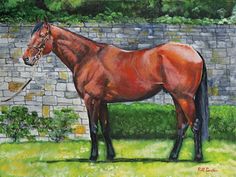 a painting of a brown horse standing next to a brick wall and green grass area