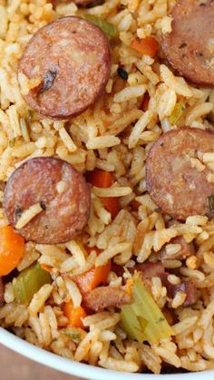 rice with sausage and vegetables in a bowl