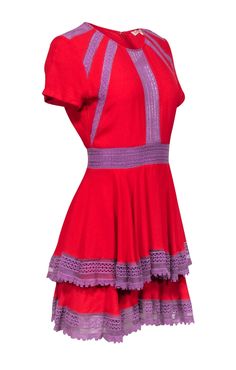 Current Boutique-Maje - Red Ruffled A-Line Dress w/ Lavender Lace Trim Sz 4 Date Style, Nude Strappy Heels, Dazzling Dress, Lunch Date, Hair Net, Nude Heels, Eyelet Lace, Spring Wardrobe, Red Hot