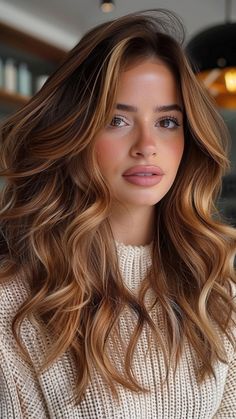 Highlight Your Beauty | Trendy Hair Color Ideas for Brunettes - Summer Hair Trends Light Amber Brown Hair Color, Cinnamon Brunette Balayage, Sun Kissed Auburn Hair, Cinnamon Brown Hair With Highlights, Deep Autumn Hair Color Highlights, Toffee Colored Hair, Copper And Blonde Balayage Brunette, Auburn Brown Hair With Highlights, Light Brown Reddish Hair